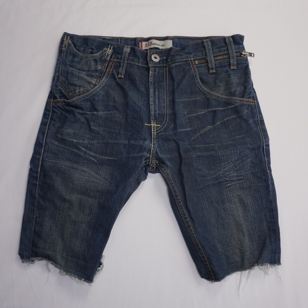 Levi's 32W Blue Denim Cut Off Shorts 513 Skinny Leg Zipper Detail
